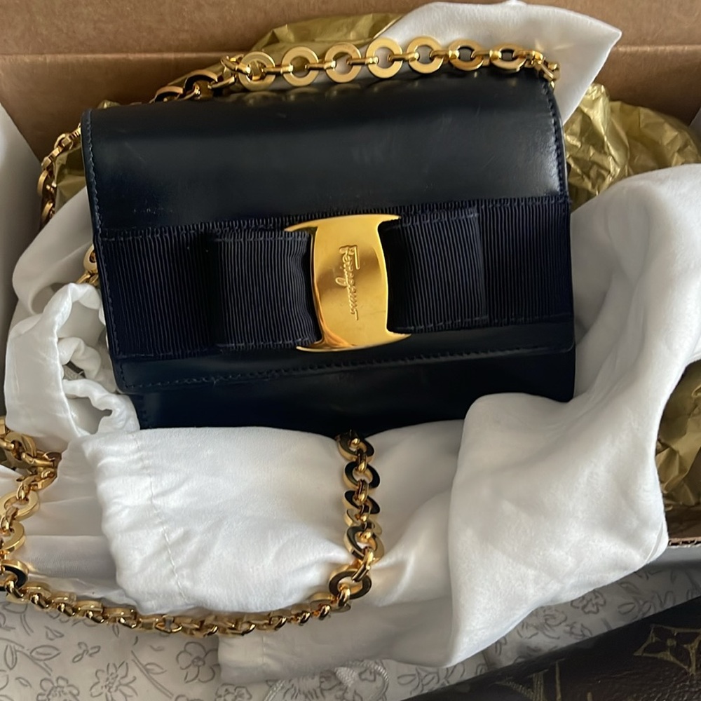 Salvatore Ferragamo Blue and Gold Mini bag with Chain Strap